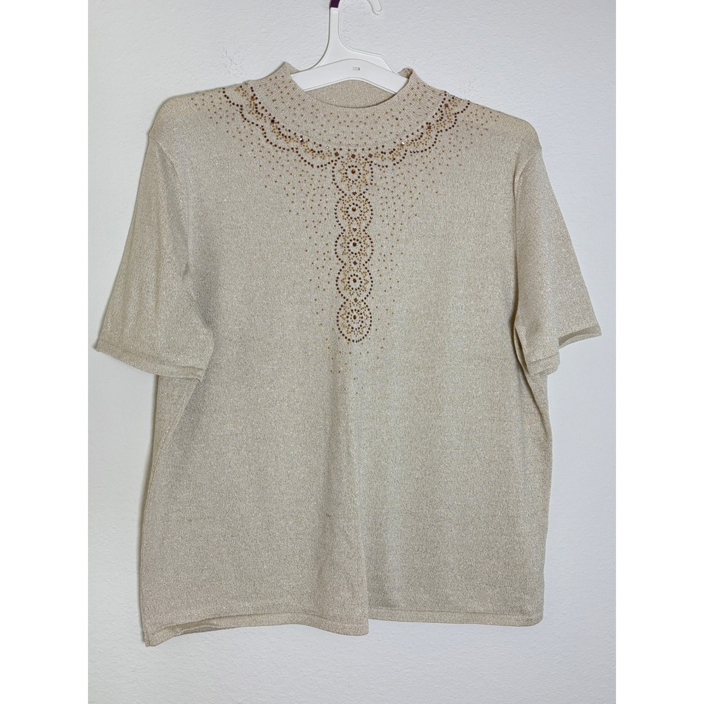 Alfred Dunner Womens XL Gold Metallic Rhinestone Mock Neck Short Sleeve Knit Top